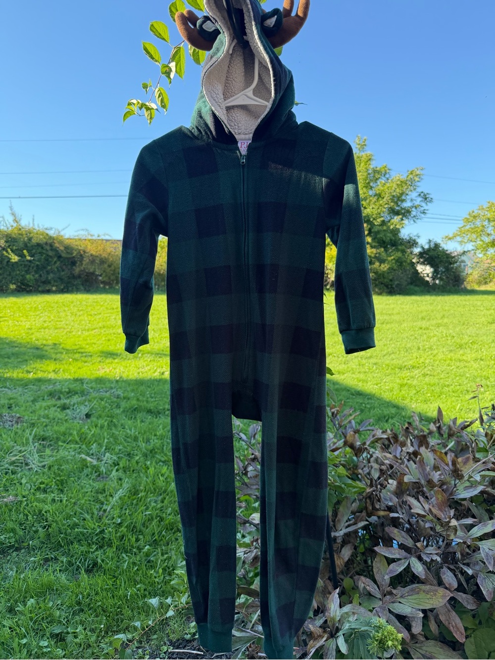The Children's Place Green and Black Plaid Hooded Kids One-Piece footless PJ 7/8